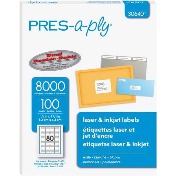 PRES-a-ply Address Label - Permanent Adhesive - Rectangle - Laser, Inkjet - White - Paper - 80 / Sheet - 100 Total Sheets - 80000 Total Label(s) - 10 / Carton