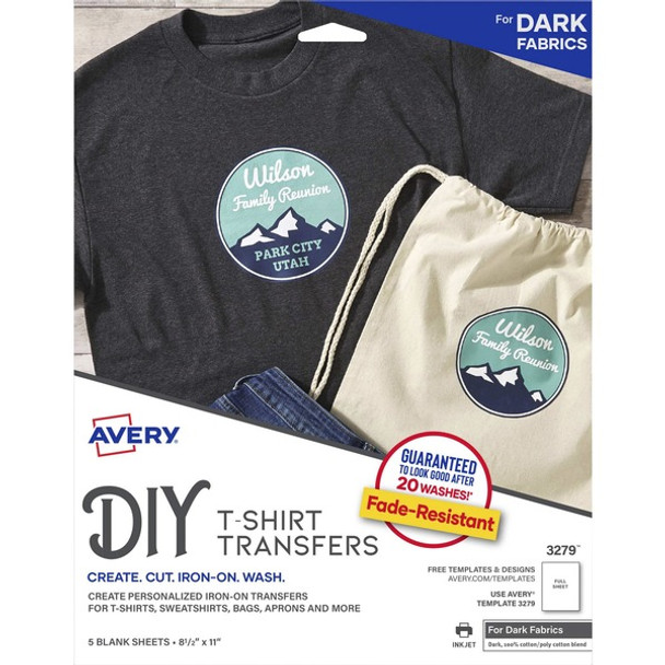 Avery&reg; Heat Transfers for Dark Fabric, 8.5" x 11" , 5 Sheets (3279) - Letter - 8 1/2" x 11" - Matte - 5 / Pack