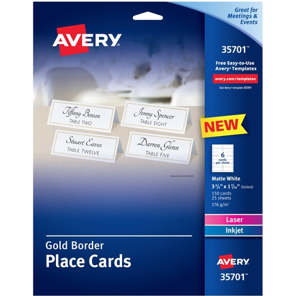 Avery&reg; Place Cards With Gold Border 1-7/16" x 3-3/4" , 65 lbs. 150 Cards - 97 Brightness - 3 3/4" x 1 7/16" - 65 lb Basis Weight - 176 g/m&#178; Grammage - Matte - 5 / Pack - Perforated, Print-to-the-edge, Pre-scored - Gold, White