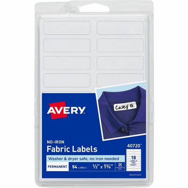 Avery&reg; No-Iron Fabric Labels - Permanent Adhesive - Rectangle - White - Film - 18 / Sheet - 54 Total Sheets - 972 Total Label(s) - 18 / Carton