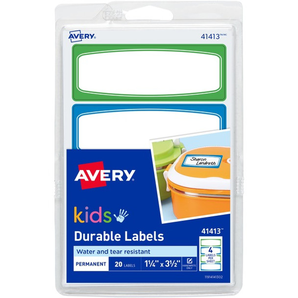 Avery&reg; Kids Gear Durable Labels - Permanent Adhesive - Rectangle - Laser, Inkjet - Assorted, Green, Blue - Film - 4 / Sheet - 90 Total Sheets - 360 Total Label(s) - 18 / Carton