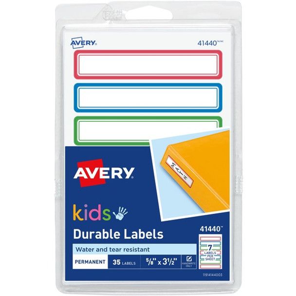 Avery&reg; Kids Gear Durable Labels - Permanent Adhesive - Rectangle - Laser, Inkjet - Assorted, Green, Blue, Red - Film - 7 / Sheet - 90 Total Sheets - 630 Total Label(s) - 18 / Carton