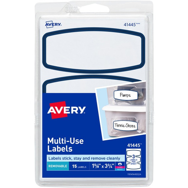 Avery&reg; Blue Border Removable Multi-Use Labels - Removable Adhesive - Arched Rectangle - Laser, Inkjet - White, Blue - Paper - 3 / Sheet - 90 Total Sheets - 270 Total Label(s) - 18 / Carton