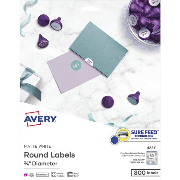 Avery&reg; Multipurpose Label - - Width3/4" Diameter - Permanent Adhesive - Round - Laser, Inkjet - White - Paper - 80 / Sheet - 10 Total Sheets - 800 Total Label(s) - 6