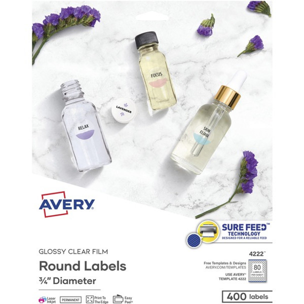 Avery&reg; Sure Feed Glossy Clear Round Labels - - Width3/4" Diameter - Permanent Adhesive - Round - Laser, Inkjet - Crystal Clear - Film - 80 / Sheet - 5 Total Sheets - 400 Total Label(s) - 400 / Pack