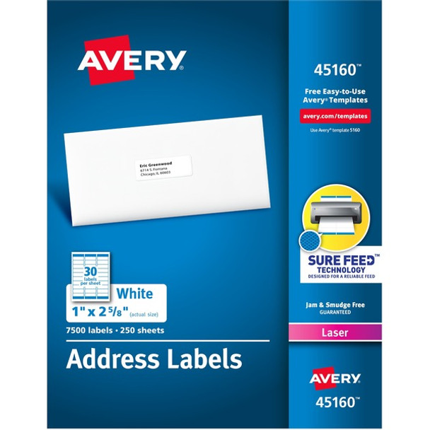 Avery&reg; Address Labels - Sure Feed Technology - 1" Width x 2 5/8" Length - Permanent Adhesive - Rectangle - Laser - White - Paper - 30 / Sheet - 250 Total Sheets - 7500 Total Label(s) - 7500 / Box