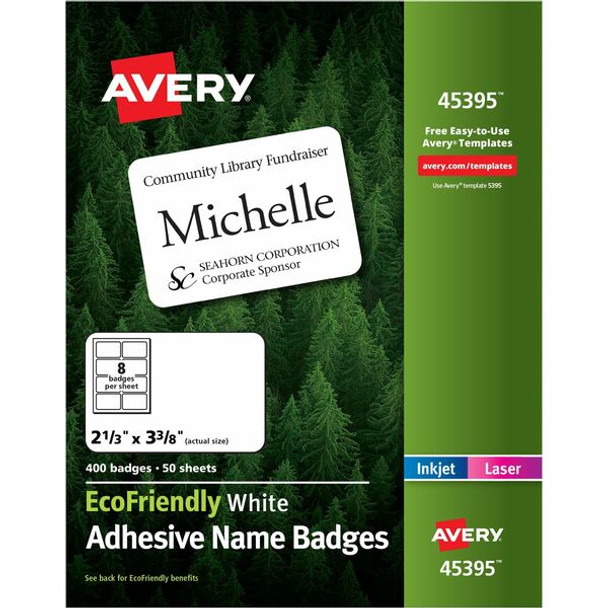 Avery&reg; Eco-friendly Premium Name Badge Labels - 2 21/64" Width x 3 3/8" Length - Removable Adhesive - Rectangle - Laser, Inkjet - White - Paper - 8 / Sheet - 50 Total Sheets - 400 Total Label(s) - 5
