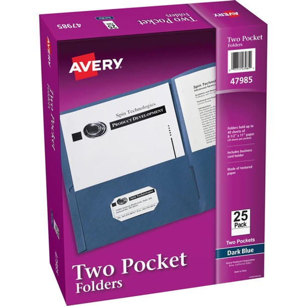 Avery&reg; Letter Pocket Folder - 8 1/2" x 11" - 40 Sheet Capacity - 2 Internal Pocket(s) - Embossed Paper - Dark Blue - 25 / Box