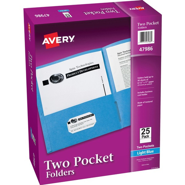 Avery&reg; Letter Pocket Folder - 8 1/2" x 11" - 40 Sheet Capacity - 2 Internal Pocket(s) - Embossed Paper - Light Blue - 25 / Box