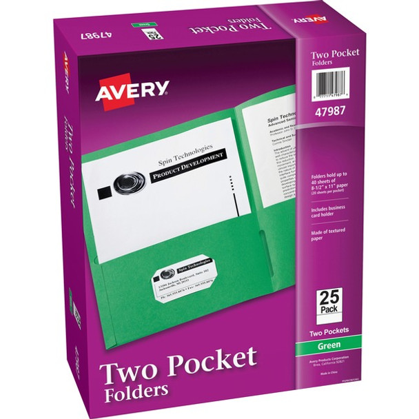 Avery&reg; Letter Pocket Folder - 8 1/2" x 11" - 40 Sheet Capacity - 2 Internal Pocket(s) - Embossed Paper - Green - 25 / Box