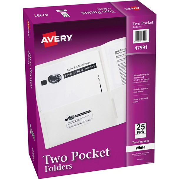 Avery&reg; Letter Pocket Folder - 8 1/2" x 11" - 40 Sheet Capacity - 2 Internal Pocket(s) - Embossed Paper - White - 25 / Box