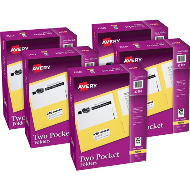 Avery&reg; Letter Pocket Folder - 8 1/2" x 11" - 40 Sheet Capacity - 2 Internal Pocket(s) - Embossed Paper - Yellow - 125 / Carton