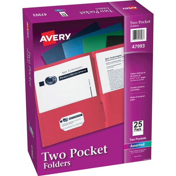 Avery&reg; Letter Pocket Folder - 8 1/2" x 11" - 40 Sheet Capacity - 2 Internal Pocket(s) - Embossed Paper - Assorted - 25 / Box