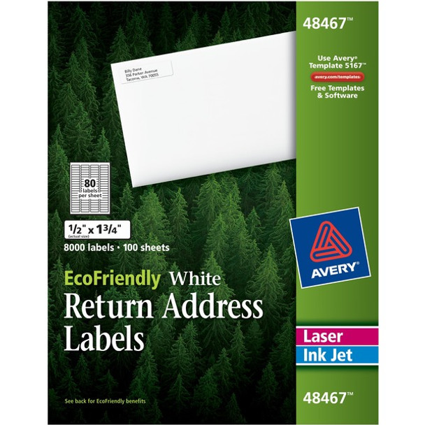 Avery&reg; EcoFriendly Address Label - 1/2" Width x 1 3/4" Length - Permanent Adhesive - Rectangle - Laser, Inkjet - White - Paper - 80 / Sheet - 100 Total Sheets - 8000 Total Label(s) - 8000 / Box