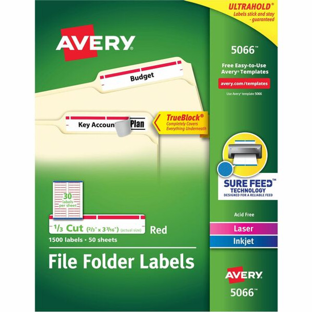 Avery&reg; TrueBlock File Folder Labels - Permanent Adhesive - Rectangle - Laser, Inkjet - Red - Paper - 30 / Sheet - 50 Total Sheets - 1500 Total Label(s) - 1500 / Box