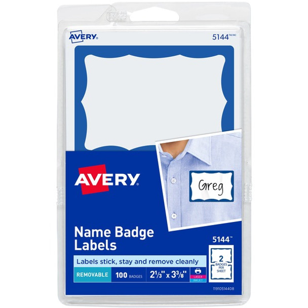 Avery&reg; Border Print or Write Name Tags - 2 11/32" Width x 3 3/8" Length - Removable Adhesive - Rectangle - Laser, Inkjet - White, Blue - Paper - 2 / Sheet - 50 Total Sheets - 100 Total Label(s) - 3