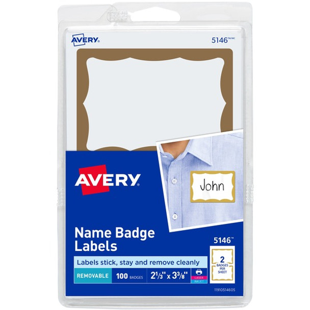 Avery&reg; Border Print or Write Name Tags - 2 11/32" Width x 3 3/8" Length - Removable Adhesive - Rectangle - Laser, Inkjet - White, Gold - Paper - 2 / Sheet - 50 Total Sheets - 100 Total Label(s) - 3
