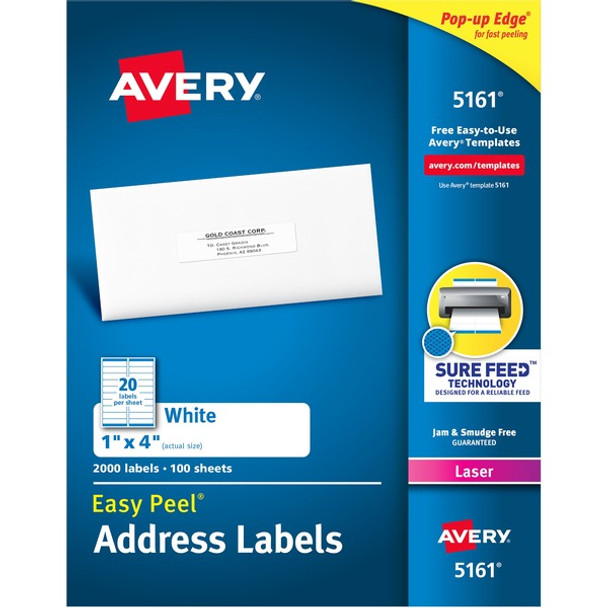 Avery&reg; Easy Peel&reg; Address Labels with Sure Feed&trade; Technology - 1" Width x 4" Length - Permanent Adhesive - Rectangle - Laser - White - Paper - 20 / Sheet - 100 Total Sheets - 2000 Total Label(s) - 2000 / Box