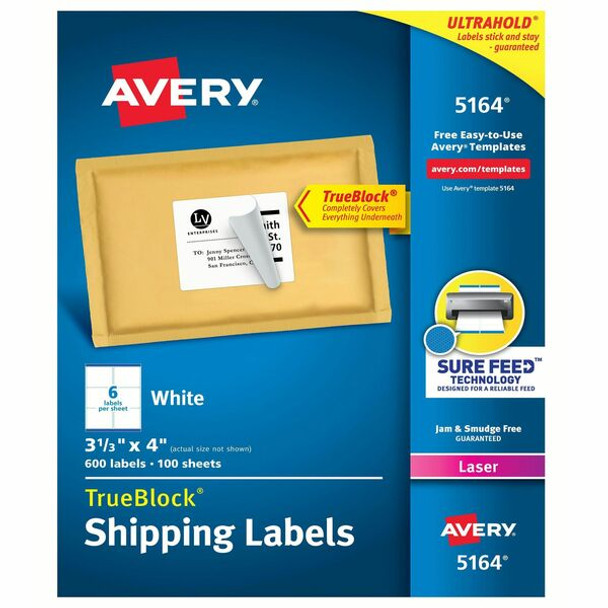Avery&reg; TrueBlock&reg; Shipping Labels, Sure Feed&reg; Technology, Permanent Adhesive, 3-1/3" x 4" , 600 Labels (5164) - Avery&reg; Shipping Labels, Sure Feed, 3-1/3" x 4" , 600 White Labels (5164)