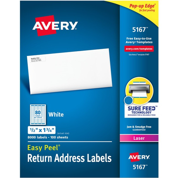 Avery&reg; Easy Peel&reg; Return Address Labels with Sure Feed&trade; Technology - 1/2" Width x 1 3/4" Length - Permanent Adhesive - Rectangle - Laser - White - Paper - 80 / Sheet - 100 Total Sheets - 8000 Total Label(s) - 8000 / Box