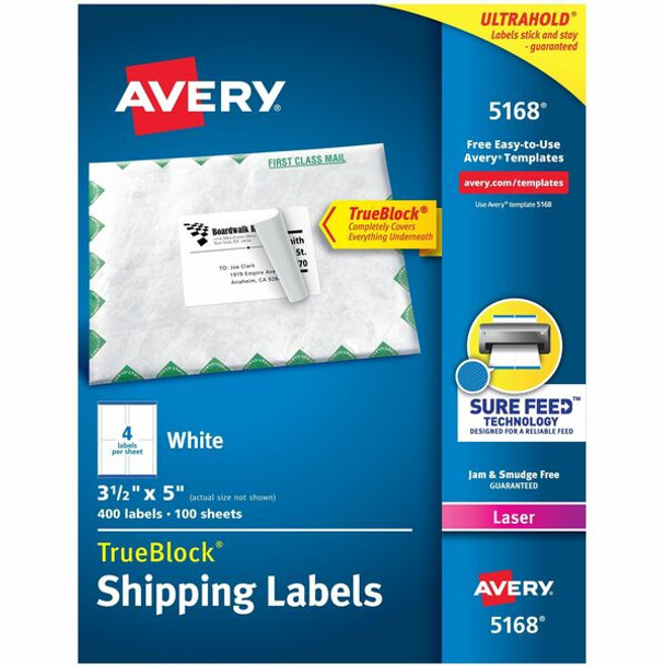 Avery&reg; TrueBlock&reg; Shipping Labels, Sure Feed&reg; Technology, Permanent Adhesive, 3-1/2" x 5" , 400 Labels (5168) - Avery&reg; Shipping Labels, Sure Feed, 3-1/2" x 5" , 400 Labels (5168)