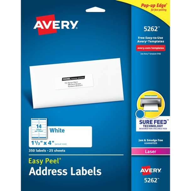 Avery&reg; Easy Peel Mailing Laser Labels - 1 21/64" Width x 4" Length - Permanent Adhesive - Rectangle - Laser - White - Paper - 14 / Sheet - 25 Total Sheets - 350 Total Label(s) - 5