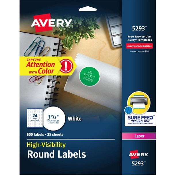 Avery&reg; Round High Visibility Labels - - Width1 5/8" Diameter - Permanent Adhesive - Round - Laser - White - Paper - 24 / Sheet - 25 Total Sheets - 600 Total Label(s) - 600 / Pack