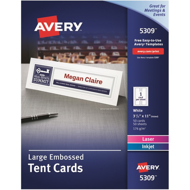 Avery&reg; Embossed Tent Cards - 97 Brightness - 3 1/2" x 11" - 50 / Box - Perforated, Heavyweight, Rounded Corner, Smudge-free, Jam-free, Embossed - White
