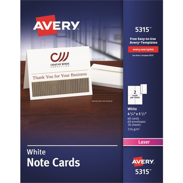 Avery&reg; Printable Note Cards, Two-Sided Printing, 4-1/4" x 5-1/2" , 60 Cards (5315) - 97 Brightness - 4 1/4" x 5 1/2" - 1 / Box - Perforated, Heavyweight, Rounded Corner, Jam-free, Smudge-free - White