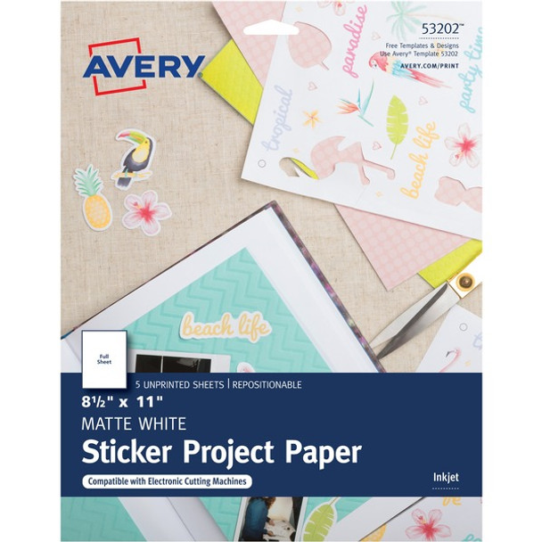 Avery&reg; Matte White Sticker Project Paper - Letter - 8 1/2" x 11" - 30 / Carton - Printable, Removable Adhesive, Die-cut, Repositionable, Lignin-free - Matte White