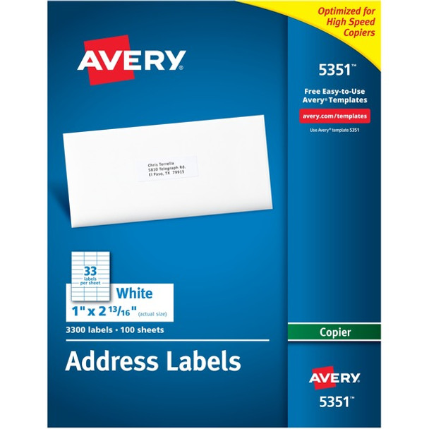Avery&reg; Copier Address Labels - 1" Width x 2 13/16" Length - Permanent Adhesive - Rectangle - White - Paper - 33 / Sheet - 100 Total Sheets - 3300 Total Label(s) - 3300 / Box