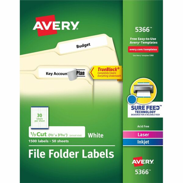 Avery&reg; TrueBlock File Folder Labels - Permanent Adhesive - Rectangle - Laser, Inkjet - White - Paper - 30 / Sheet - 50 Total Sheets - 1500 Total Label(s) - 1500 / Box