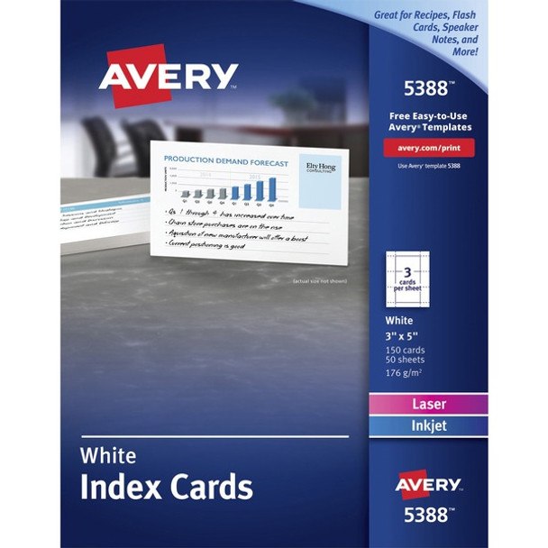 Avery&reg; Laser, Inkjet Printable Index Cards - 97 Brightness - A7 - 3" x 5" - 150 / Box - Perforated, Smudge-free, Jam-free, Uncoated - White