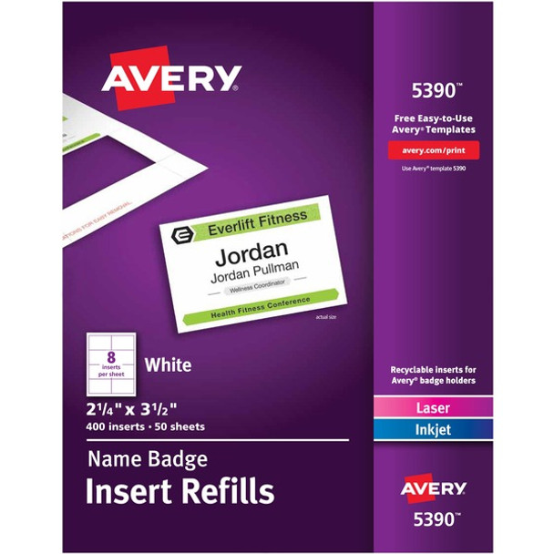 Avery&reg; Laser/Inkjet Badge Insert Refills - Laser, Inkjet - White - Card Stock - 8 / Sheet - 400 Total Label(s) - 400 / Box