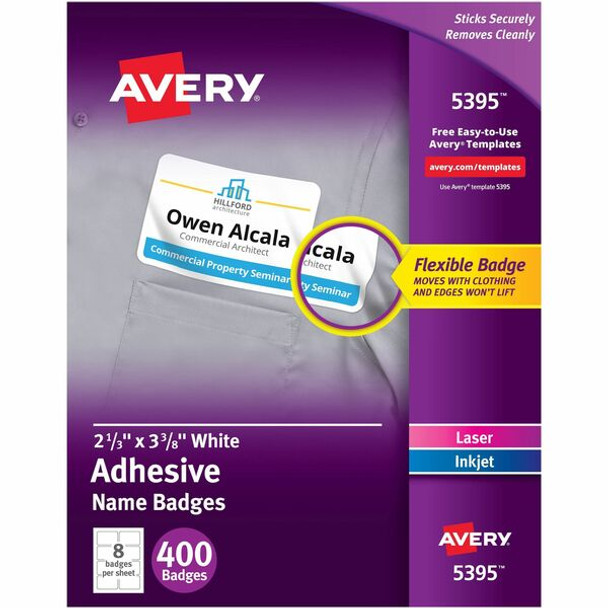 Avery&reg; Adhesive Name Badges - 2 21/64" Width x 3 3/8" Length - Removable Adhesive - Rectangle - Laser, Inkjet - White - Film - 8 / Sheet - 50 Total Sheets - 400 Total Label(s) - 400 / Box