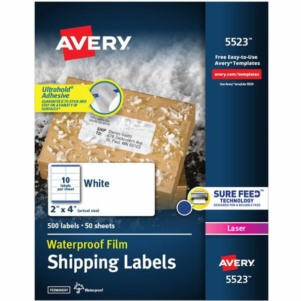 Avery&reg; Waterproof Labels with Ultrahold&reg; Permanent Adhesive, 2" x 4" , Laser, 500 Labels (05523) - Avery&reg; Waterproof Labels, 2" x 4" , 500 Total (05523)