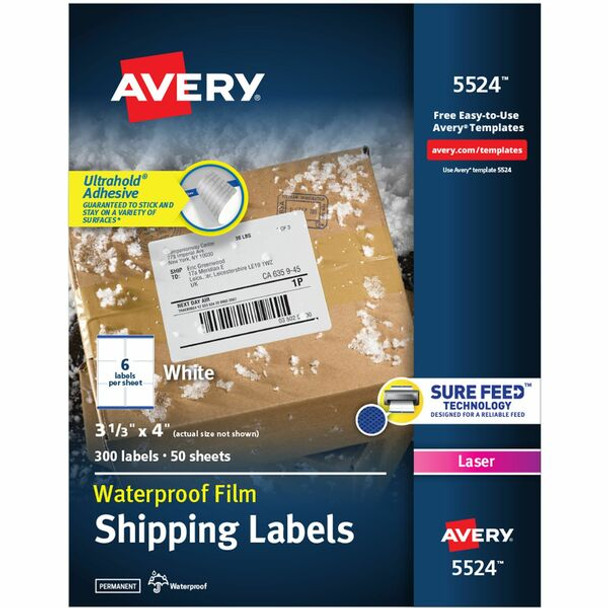 Avery&reg; Waterproof Labels with Ultrahold&reg; Permanent Adhesive, 3-1/3" x 4" , Laser, 300 Labels (05524) - Avery&reg; Waterproof Labels, 3-1/3" x 4" , 300 Total (05524)