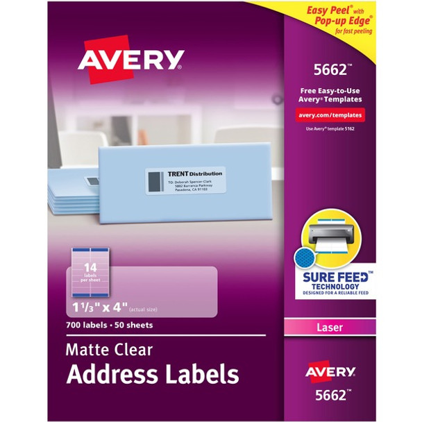 Avery&reg; Easy Peel Return Address Labels - 1 21/64" Width x 4" Length - Permanent Adhesive - Rectangle - Laser - Clear - Film - 14 / Sheet - 50 Total Sheets - 700 Total Label(s) - 700 / Box