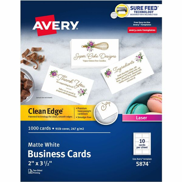 Avery&reg; Clean Edge&reg; Printable Business Cards with Sure Feed Technology, 2" x 3.5" , White, 1,000 Blank Cards for Laser Printers (5874) - Avery&reg; Clean Edge&reg; Business Cards, 2" x 3.5" , White, 1,000 (5874)