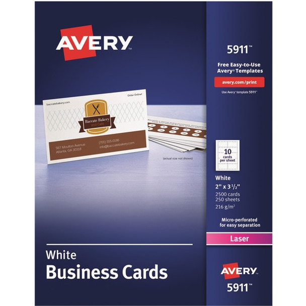 Avery&reg; Sure Feed Business Cards - 97 Brightness - 2" x 3 1/2" - 80 lb Basis Weight - 216 g/m&#178; Grammage - 2500 / Box - Perforated, Heavyweight, Jam-free, Smooth Edge, Uncoated, Perforated, Recyclable - White