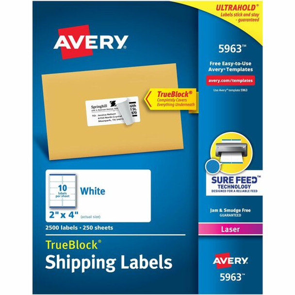 Avery&reg; TrueBlock&reg; Shipping Labels, Sure Feed&reg; Technology, Permanent Adhesive, 2" x 4" , 2,500 Labels (5963) - Avery&reg; Shipping Labels, Sure Feed&reg;, 2" x 4" , 2,500 Labels (5963)