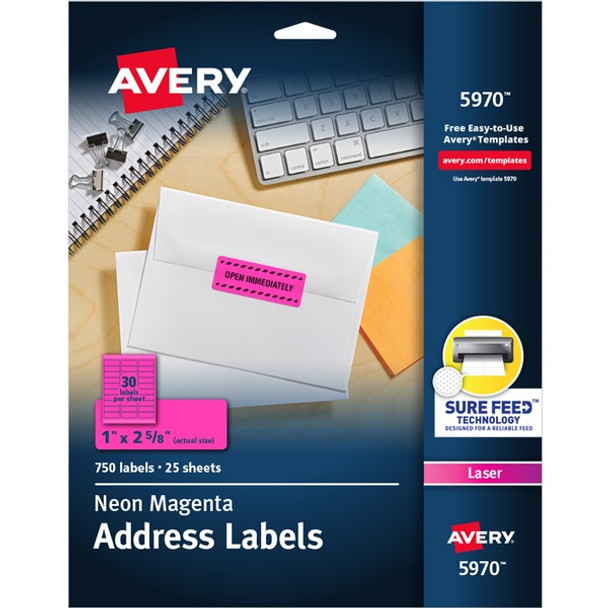 Avery&reg; Shipping Labels - 1" Width x 2 5/8" Length - Permanent Adhesive - Rectangle - Laser - Neon Magenta - Paper - 30 / Sheet - 25 Total Sheets - 750 Total Label(s) - 750 / Pack