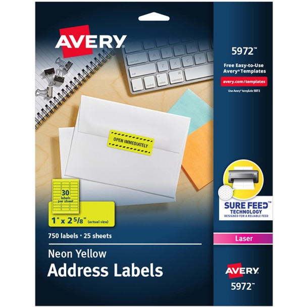 Avery&reg; Shipping Labels - 1" Width x 2 5/8" Length - Permanent Adhesive - Rectangle - Laser - Neon Yellow - Paper - 30 / Sheet - 25 Total Sheets - 750 Total Label(s) - 750 / Pack