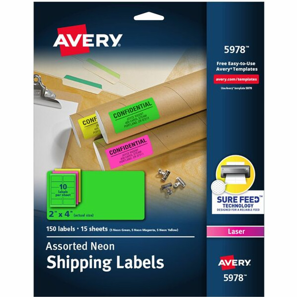 Avery&reg; Neon Shipping Labels with Sure Feed&reg; for Laser Printers, 2"x4" , Assorted Colors, 150 Labels (5978) - Avery&reg; 2"x4" Neon Shipping Labels, Sure Feed, 150 Labels (5978)
