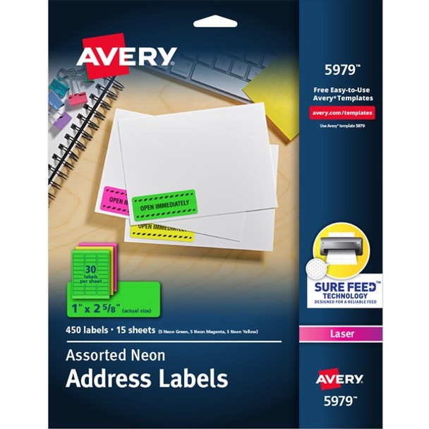 Avery&reg; Shipping Labels - 1" Width x 2 5/8" Length - Permanent Adhesive - Rectangle - Laser - Neon Magenta, Neon Green, Neon Yellow - Paper - 30 / Sheet - 15 Total Sheets - 450 Total Label(s) - 450 / Pack