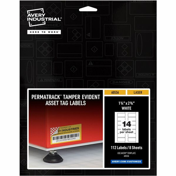 Avery&reg; PermaTrack Tamper-Evident Asset Tag Labels - 1.25" Length x 2.75" Width - Rectangular - 112 / Pack - Matte White