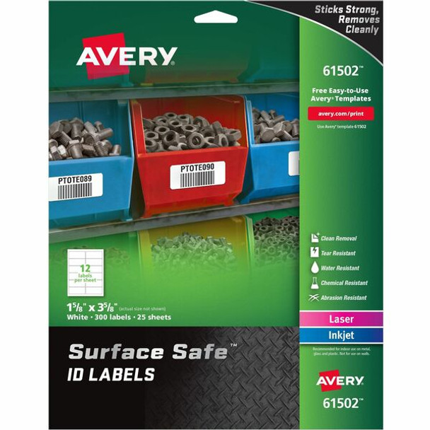 Avery&reg; Surface Safe ID Label - 1 5/8" Width x 3 5/8" Length - Removable Adhesive - Rectangle - Laser, Inkjet - White - Film - 12 / Sheet - 25 Total Sheets - 300 Total Label(s) - 5 - Water Resistant