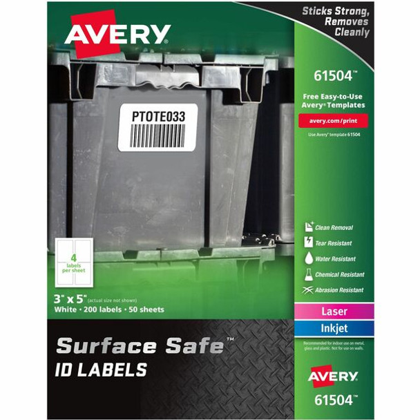 Avery&reg; Surface Safe ID Label - 3" Width x 5" Length - Removable Adhesive - Rectangle - Laser, Inkjet - White - Film - 4 / Sheet - 50 Total Sheets - 200 Total Label(s) - 5 - Water Resistant