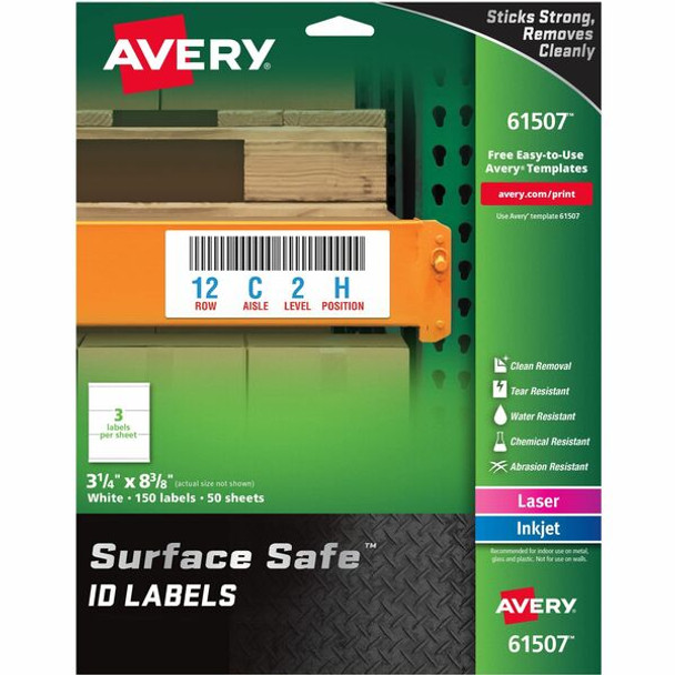 Avery&reg; Surface Safe ID Label - 3 1/4" Width x 8 3/8" Length - Removable Adhesive - Rectangle - Laser, Inkjet - White - Film - 3 / Sheet - 50 Total Sheets - 150 Total Label(s) - 5 - Water Resistant