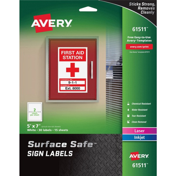 Avery&reg; 5"x7" Removable Label Safety Signs - 5" Width x 7" Length - Removable Adhesive - Rectangle - Laser, Inkjet - White - Film - 2 / Sheet - 15 Total Sheets - 30 Total Label(s) - 30 / Pack - Water Resistant